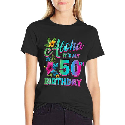 50th Birthday Aloha Hawaii Hibiscus Flower Hawaiian Theme  Oversized Silhouette T-Shirt