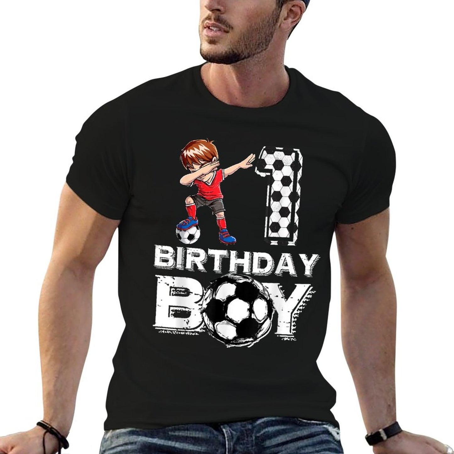Kids 1 Year Old Birthday Boy Soccer 1st Party Dabbing Boy  Soft T-Shirt
