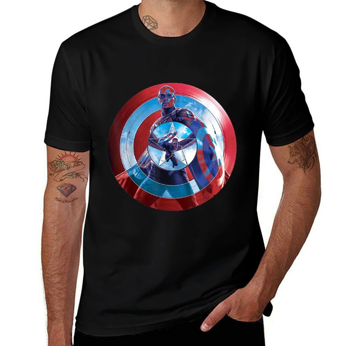 Marvel Captain America 4 Brave New World Shield Reflection  Rolled Sleeves T-Shirt