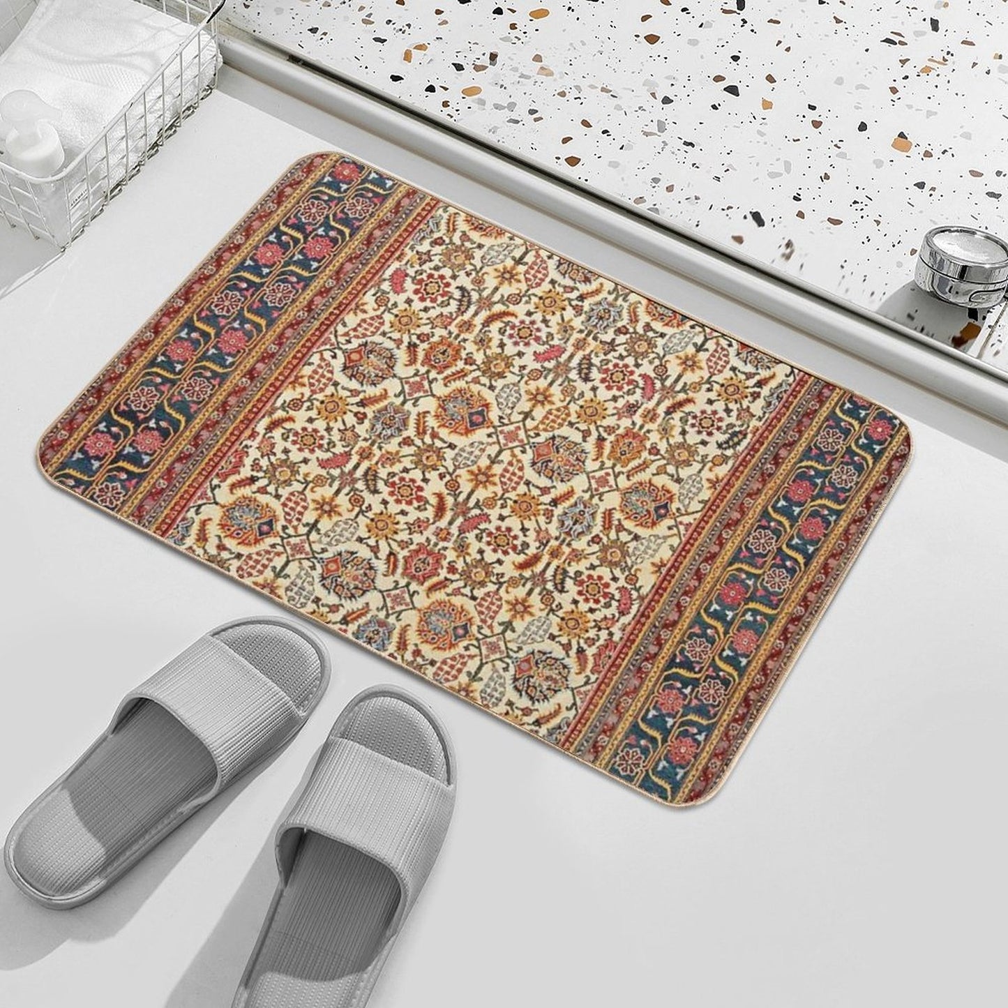 Antique Indian Rug Floral Nature Pattern Print  Pet-Safe Bath Mat