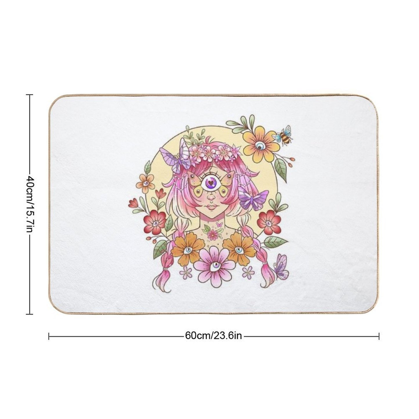 Cyclops Girl with Butterfly Eye Flowers  Absorbent Bath Mat