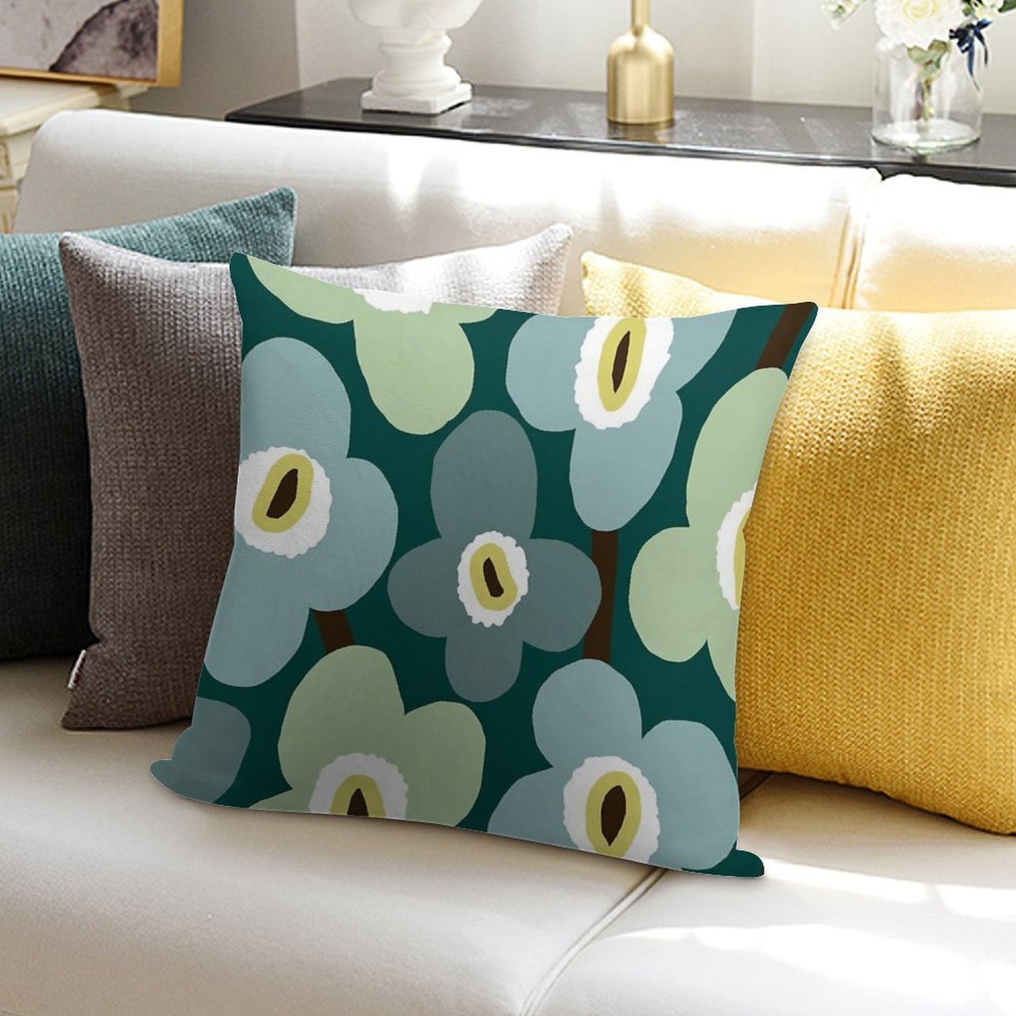 Iconic Retro Scandinavian Floral Pattern in Green And Blue Soft Gift Ready Throw Pillow