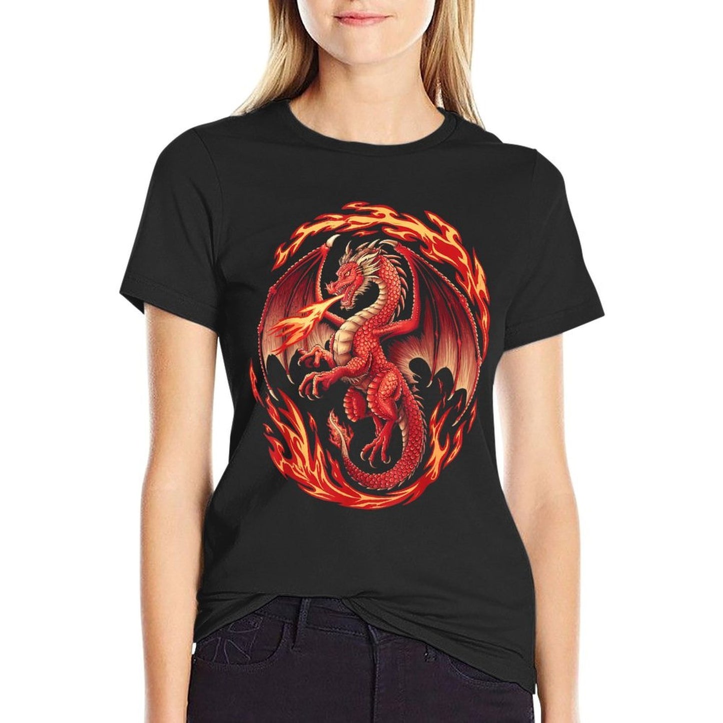 Mythical Red Dragon Breathes Fire On Clouds, Boy Girl Dragon  Relaxed-fit T-Shirt