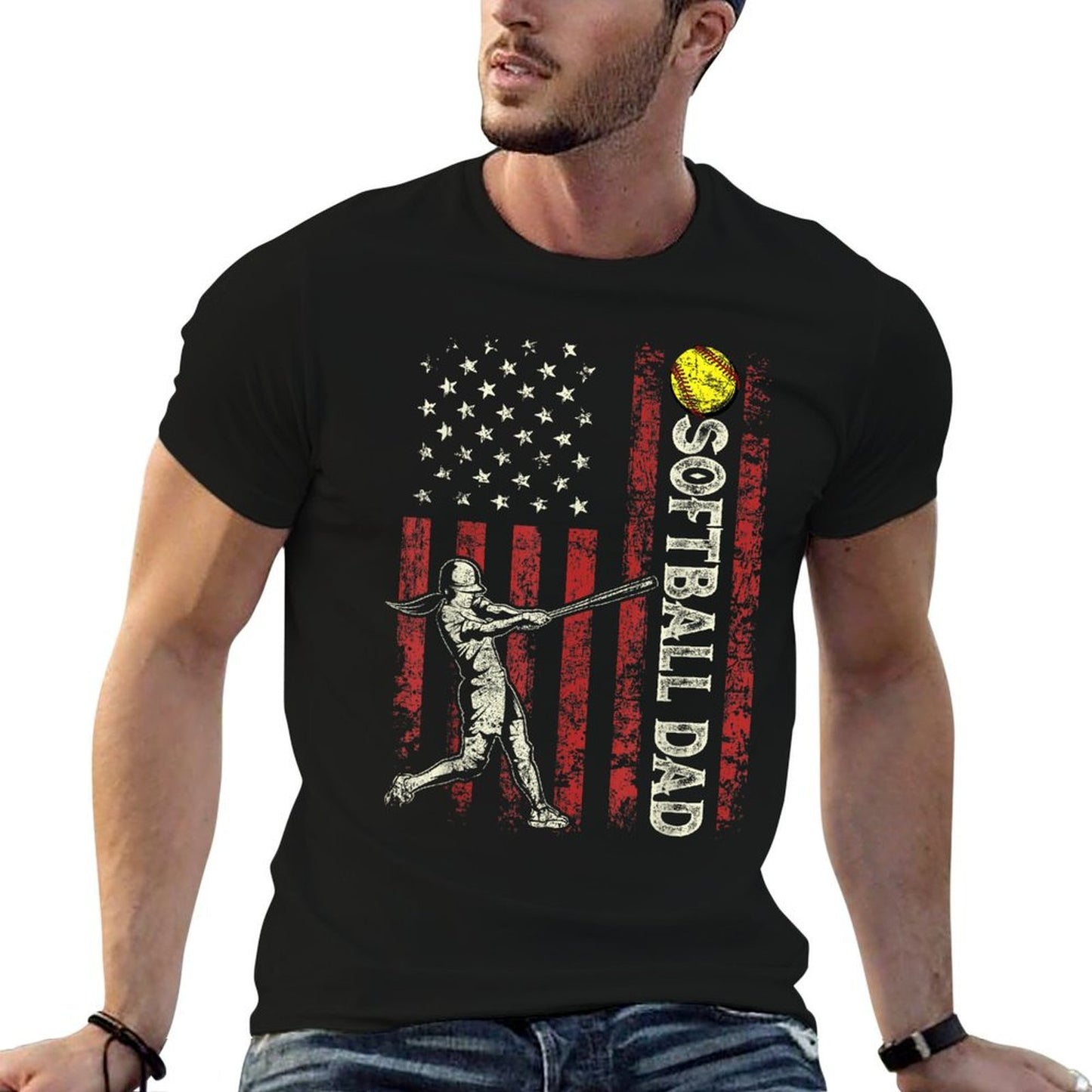 Softball Dad US Gifts For Dad Men Patriotic Fathers Day  Durable T-Shirt