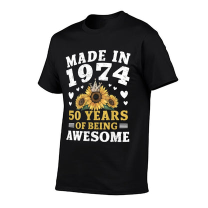 Womens 50 Year Old Made In 1974 Sunflower 50th Birthday  Ribbed Collar T-Shirt