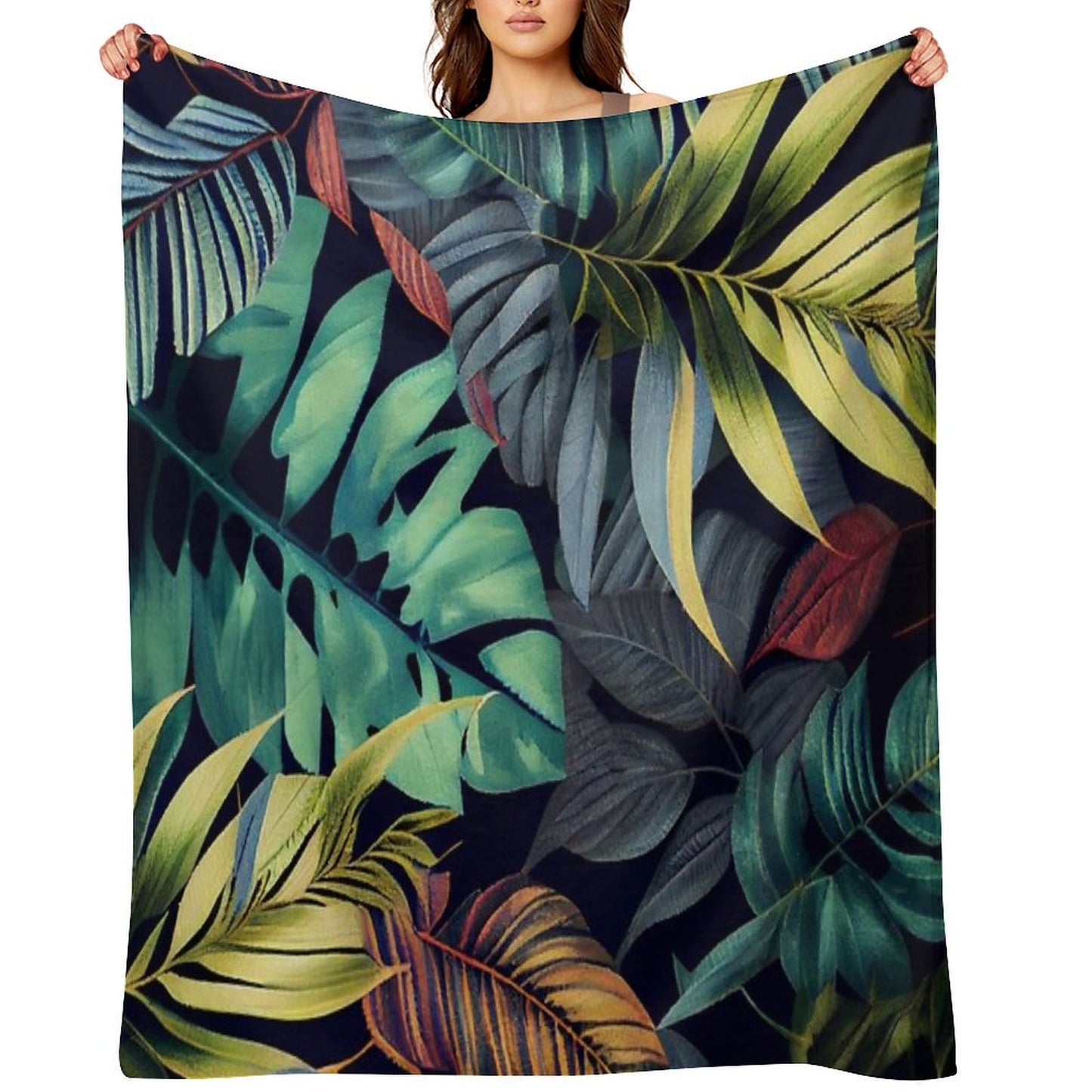 Camryn - Watercolor Leaf Leafs Abstract Painting Pattern in Green, Black, Brown, White Yellow, Blue, Cream, Light Easy Care Throw Blanket