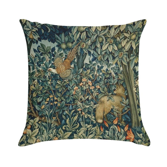 GREENERY, FOREST ANIMALS Pheasant And Fox Blue Green Floral Tapestry Soft Durable Construction Throw Pillow