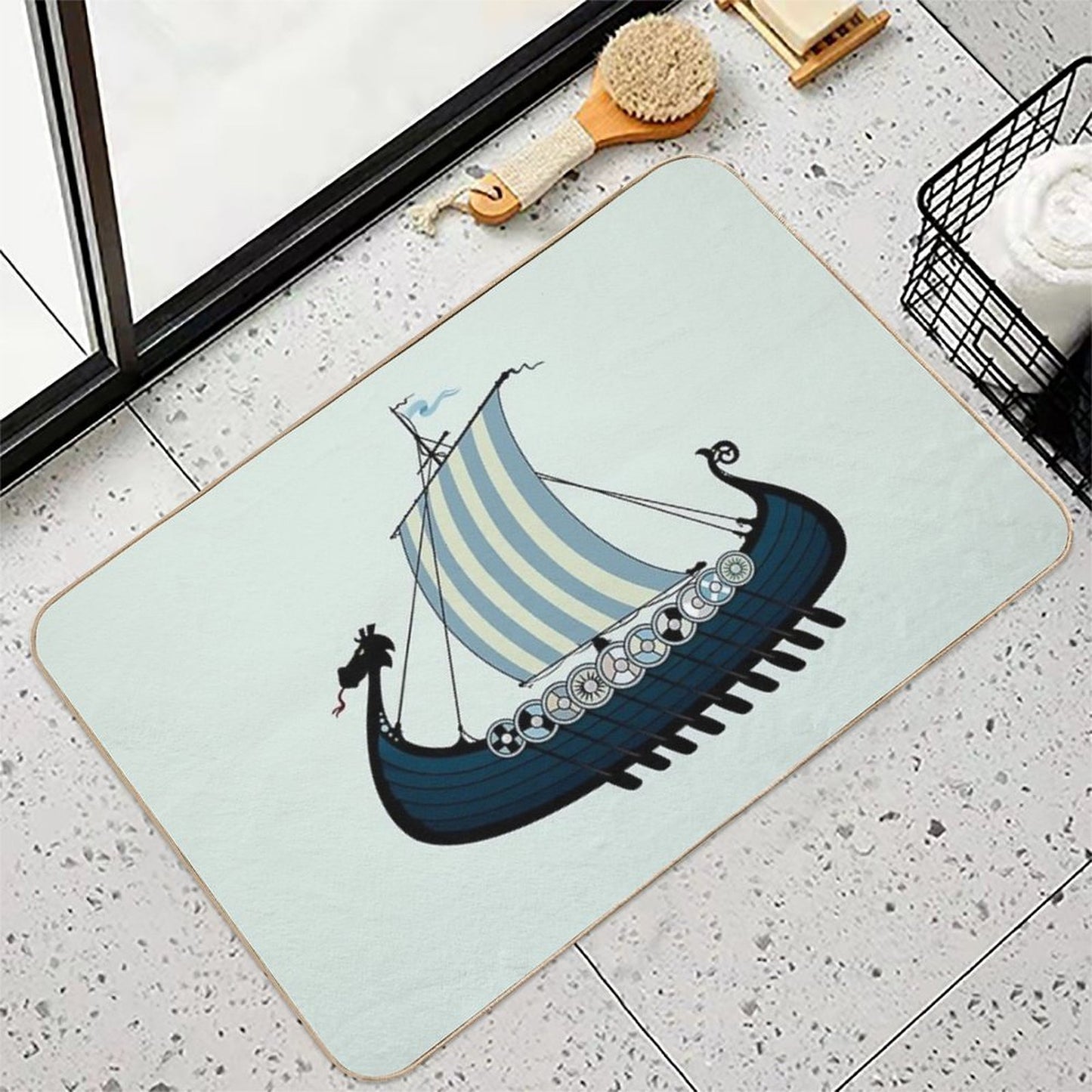 Blue Viking Ship  Long-Lasting Bath Mat