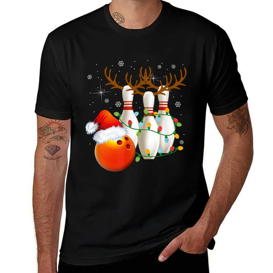 Bowling Gifts Christmas Bowling Santa Hat Christmas Lights  Summer-ready Fabric T-Shirt