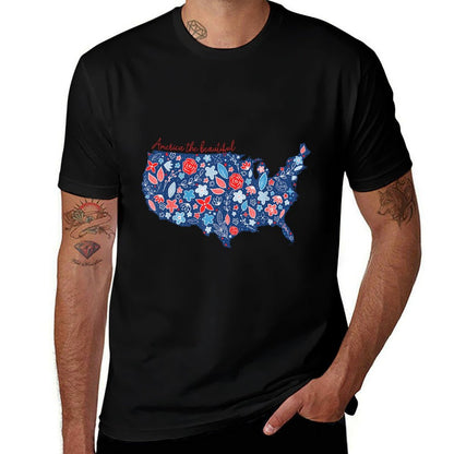 America The Beautiful Floral Patriotic Independence Day  Slim-fit Cut T-Shirt
