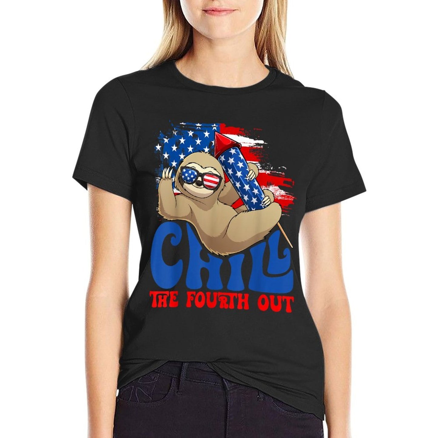 Chill The Fourth Out Sloth USA Independence 4th Of July  Rolled Sleeves T-Shirt
