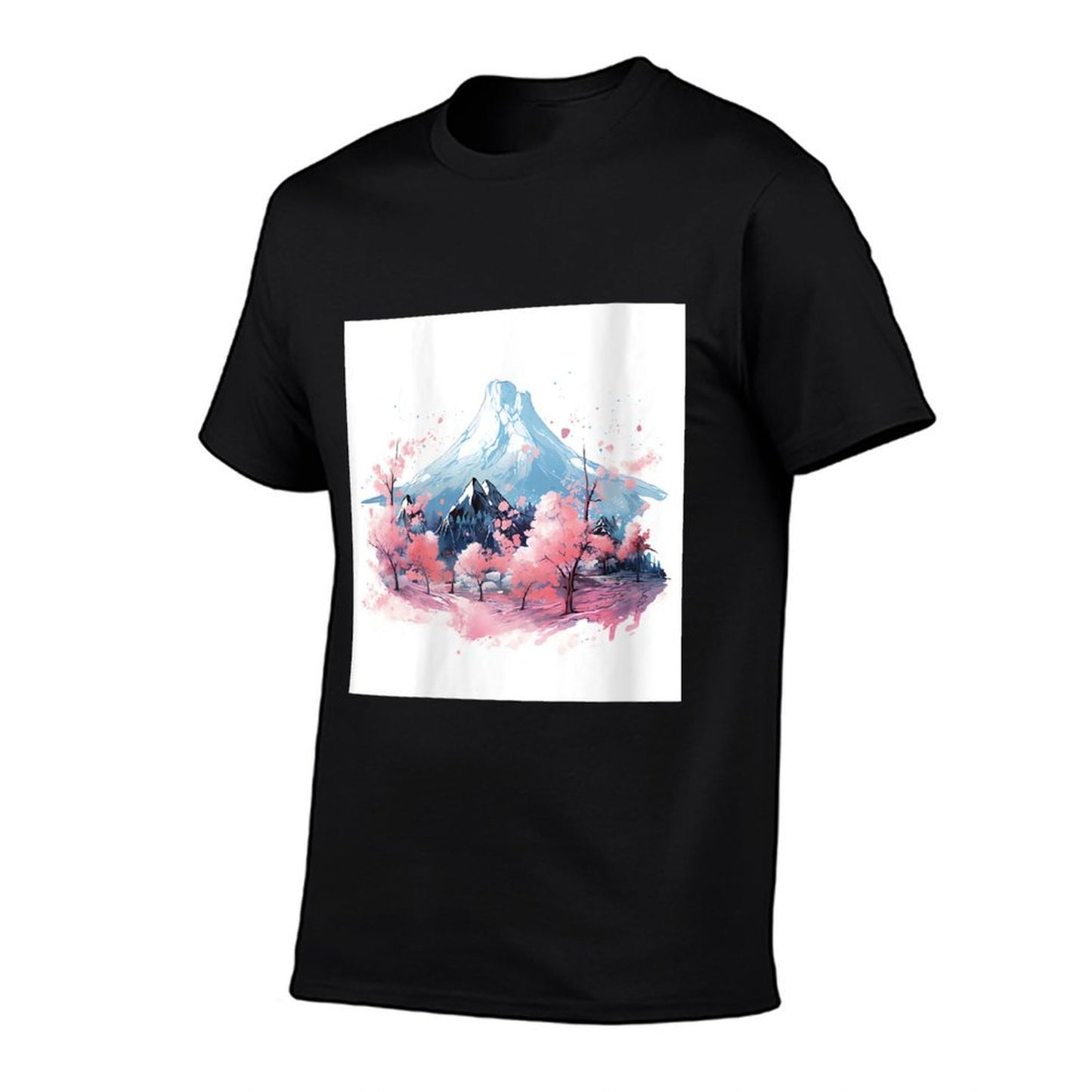 Sakura Waltz Japanese Stream in Mountain Twilight Glow  Ribbed Collar T-Shirt