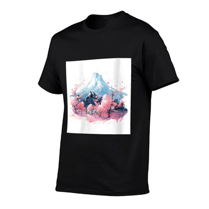 Sakura Waltz Japanese Stream in Mountain Twilight Glow  Ribbed Collar T-Shirt