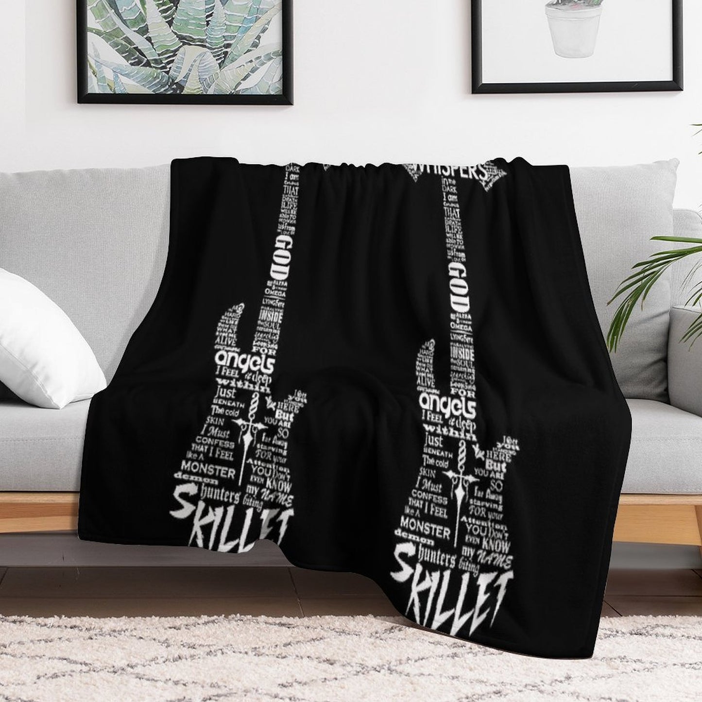 Skillet Guitar Typography on Black Lightweight Throw Blanket