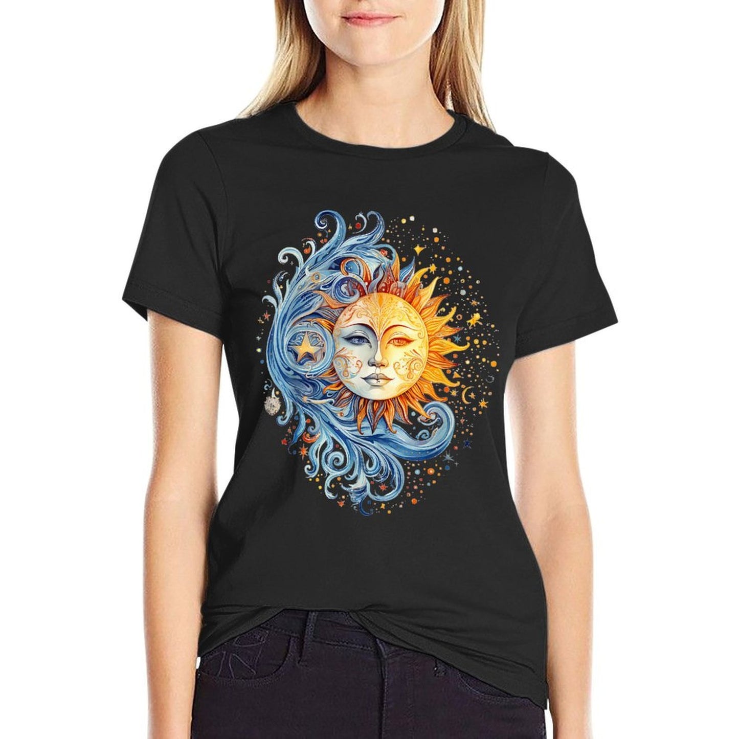 Mystic Sun And Moon Woman Mystical Flowers Aesthetic  High-quality Stitching T-Shirt
