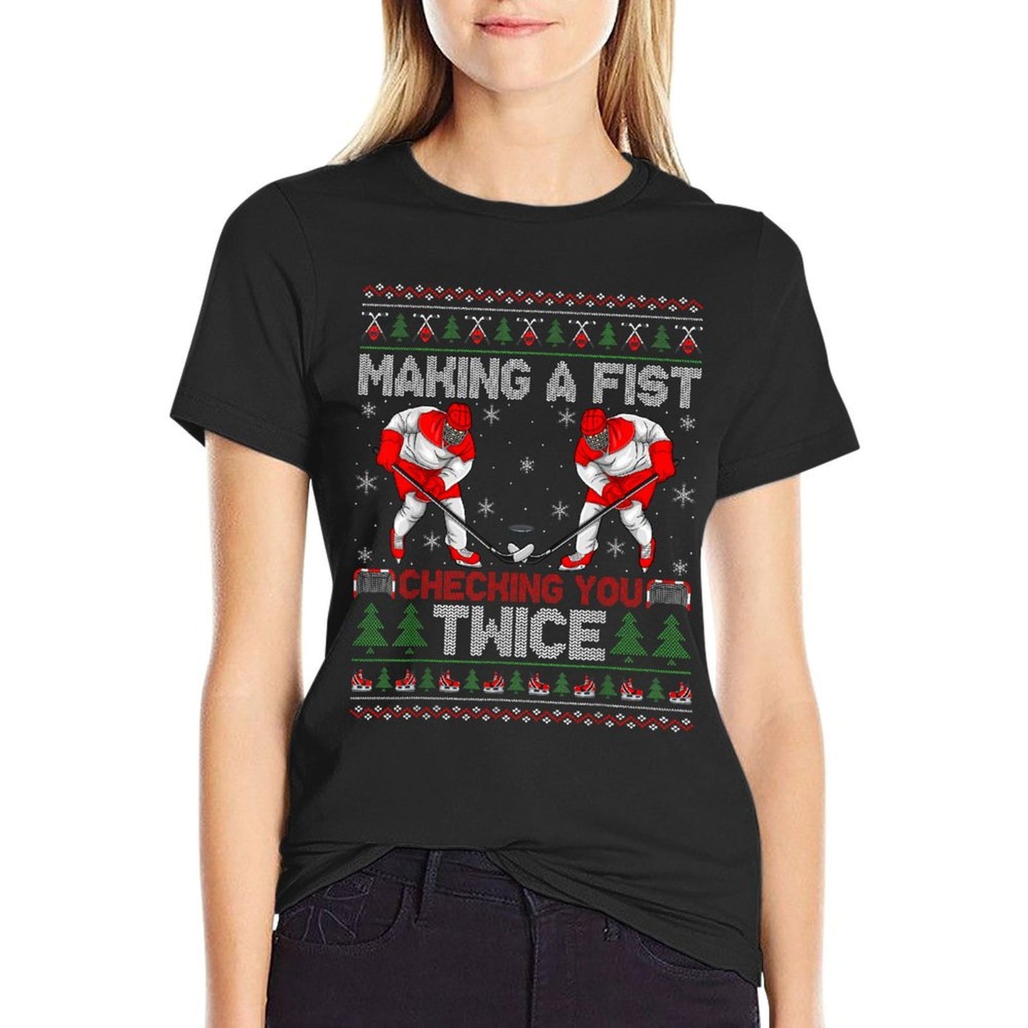 Making A Fist Checking You Twice Ugly Ice Hockey Christmas  Oversized Silhouette T-Shirt
