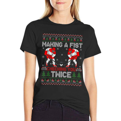 Making A Fist Checking You Twice Ugly Ice Hockey Christmas  Oversized Silhouette T-Shirt