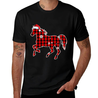 Horse Buffalo Plaid Santa Christmas Matching Family Pajamas  Lightweight T-Shirt