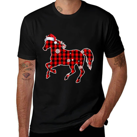 Horse Buffalo Plaid Santa Christmas Matching Family Pajamas  Lightweight T-Shirt