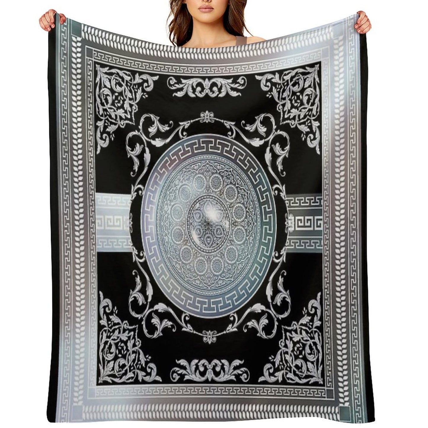 Ornate Baroque Metallic Blue Black Greek Meander All-season Throw Blanket