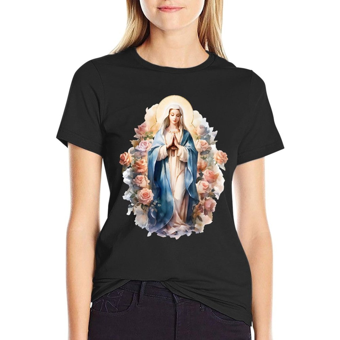 Blessed Mother Mary Mother of Jesus Roses Our Lady Catholic  Polyester Blend T-Shirt