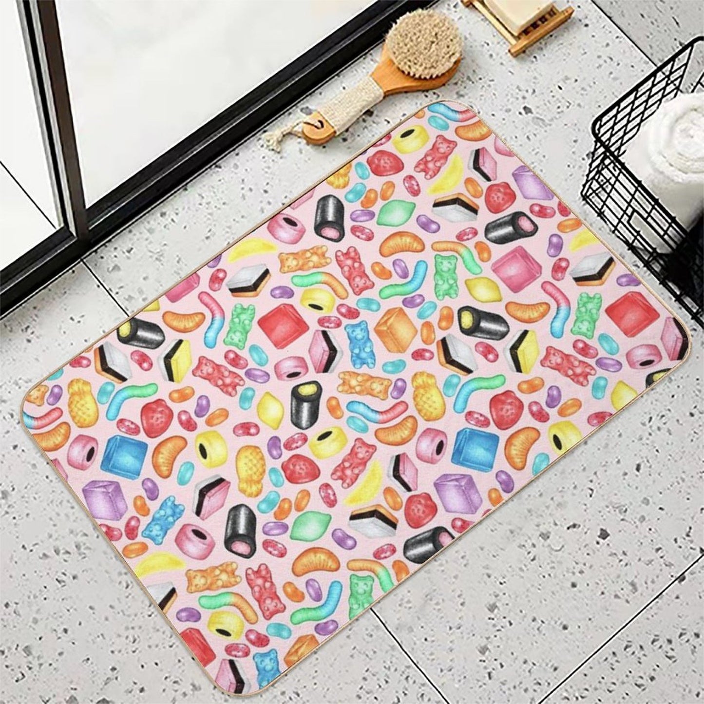 Rainbow Diet - A Colorful Assortment of Hand-drawn Candy on Pale Pink Durable Bath Mat