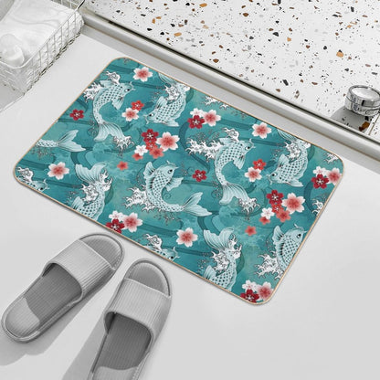 Koi Sakura Blossom in Turquoise  Easy To Clean Bath Mat