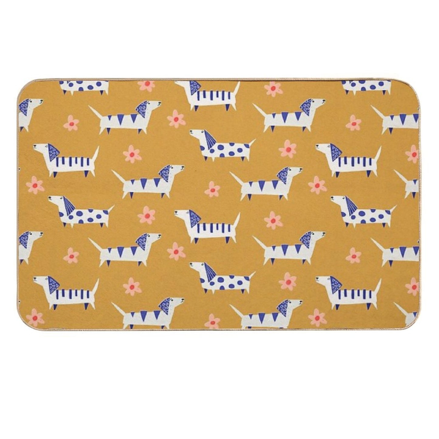 Cute Retro Dachshund Paper Cut Pattern with Daisy Flowers  Easy Maintenance Bath Mat