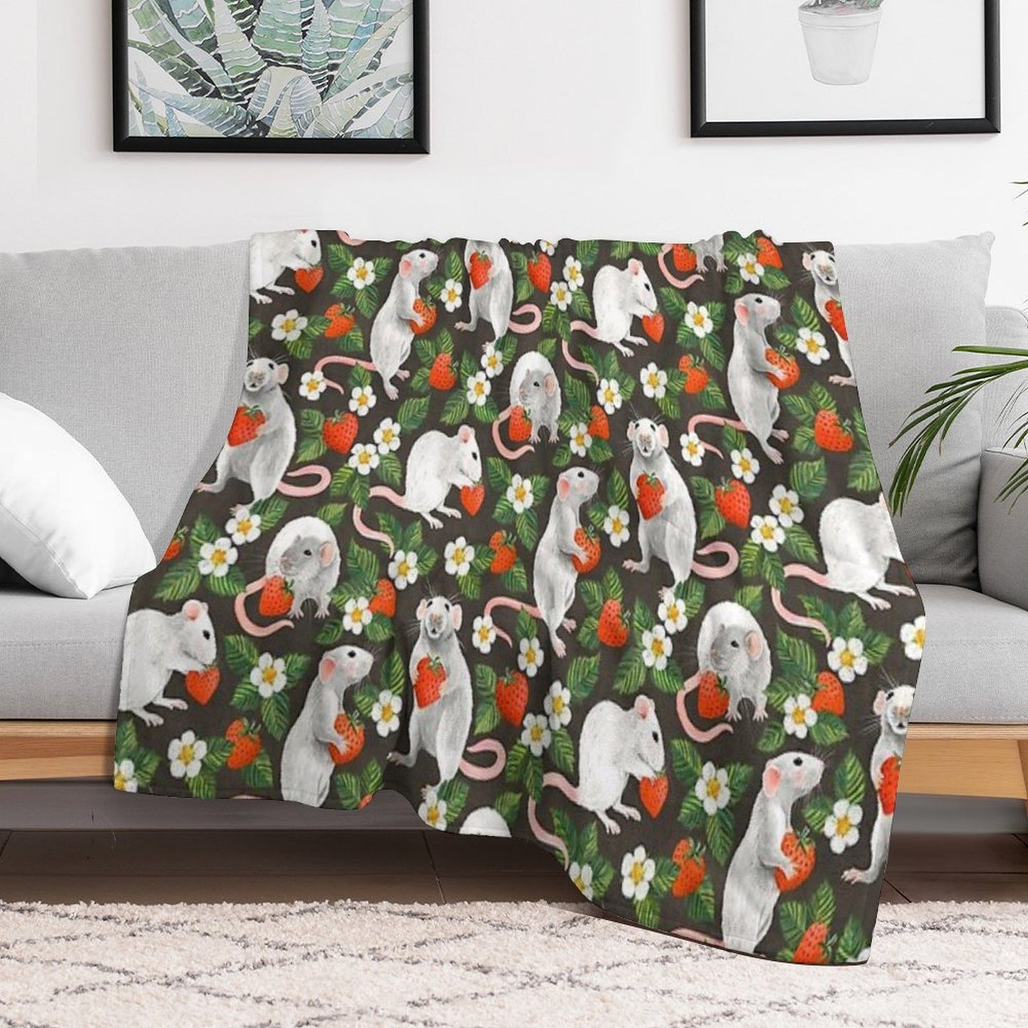 Rats Love Strawberries on Vintage Dark Brown Comfort Throw Blanket