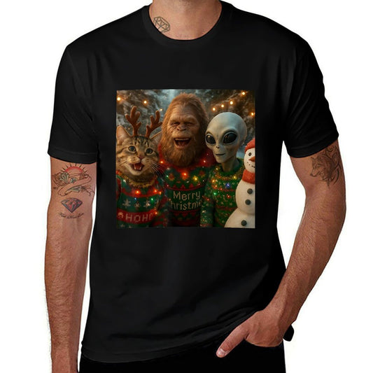 Funny Christmas Cat Selfie with Bigfoot Alien Ugly Sweater  Breathable T-Shirt