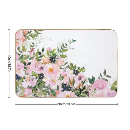 Boho, Floral Watercolor Roses, Pink, White And Green  Non-Slip Bath Mat