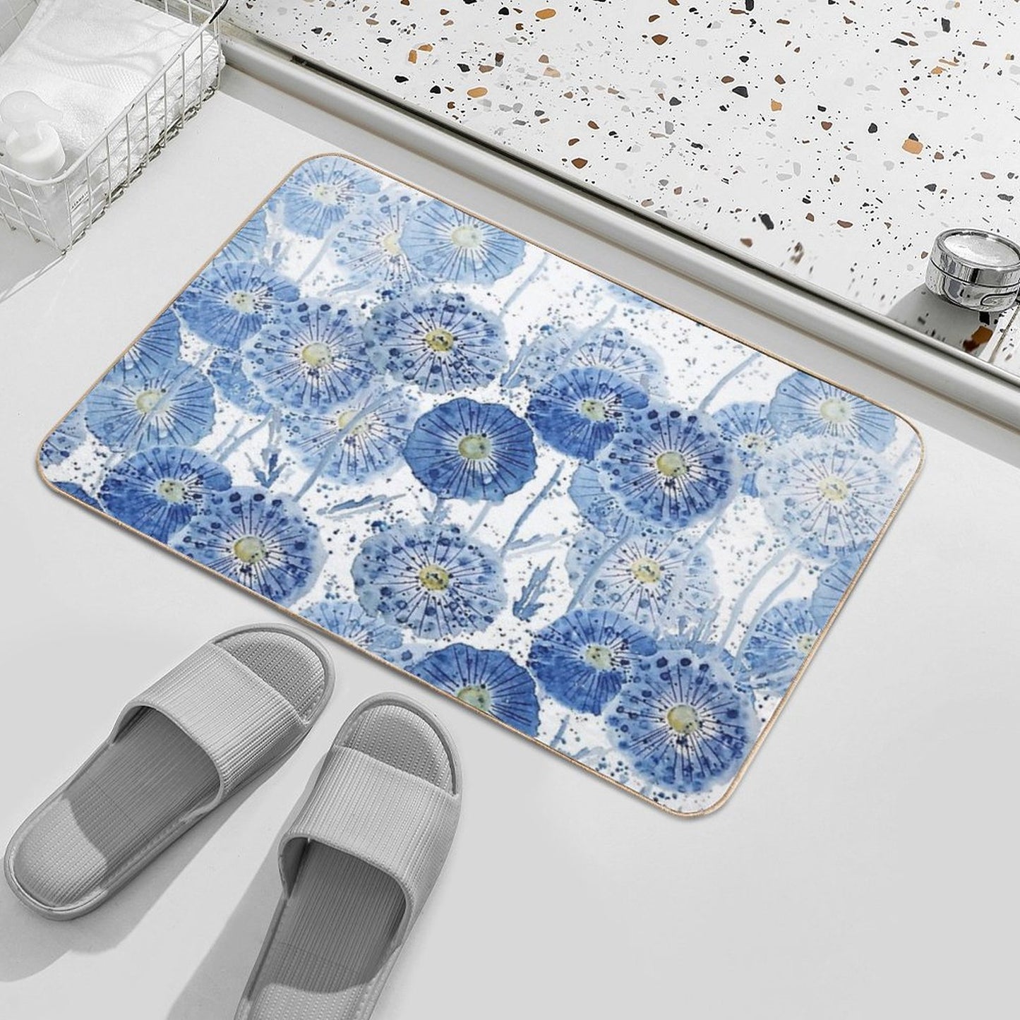 Indigo Dandelion Pattern  Pet-Safe Bath Mat