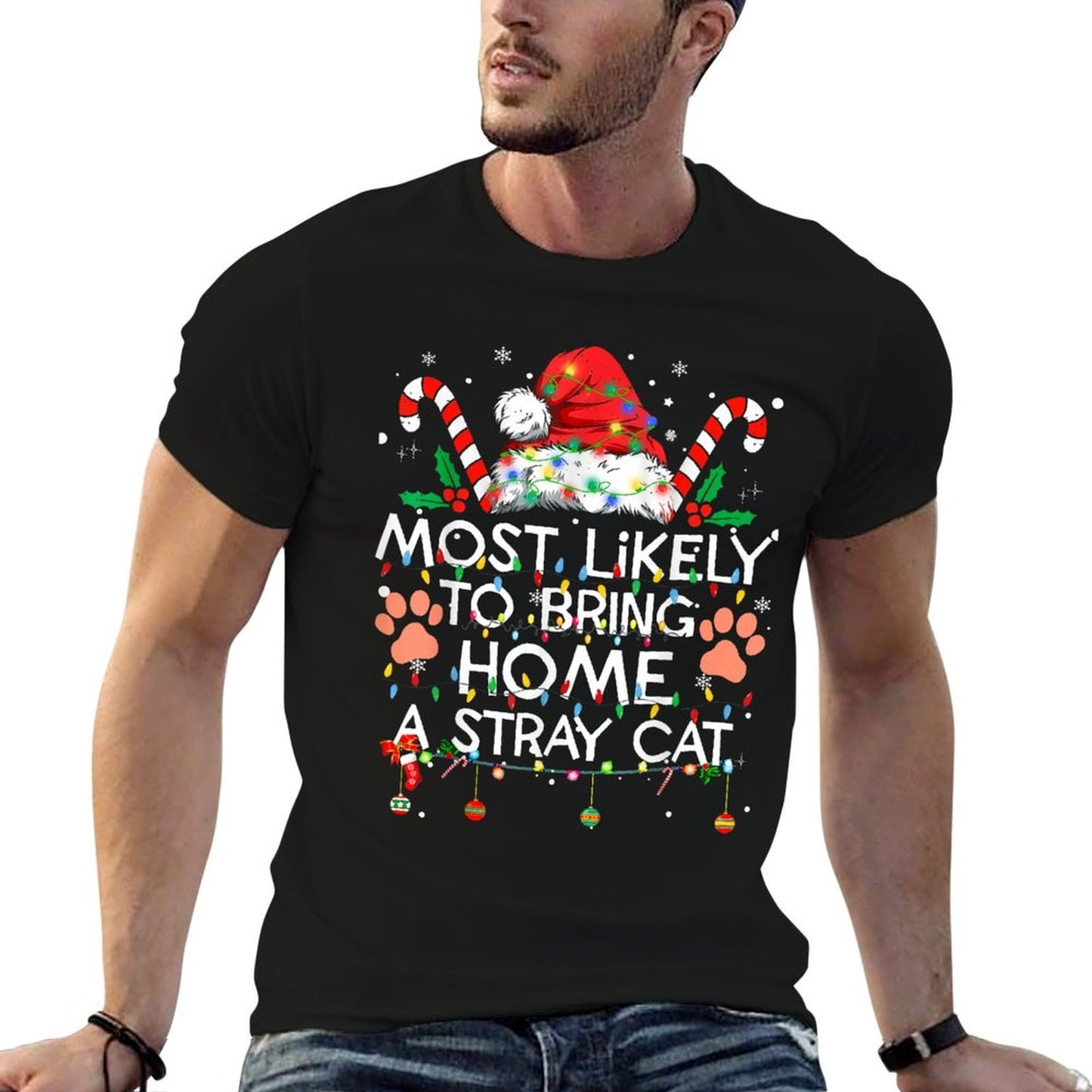 Most Likely To Bring Home A Stray Cat Matching Christmas PJ  Ribbed Collar T-Shirt