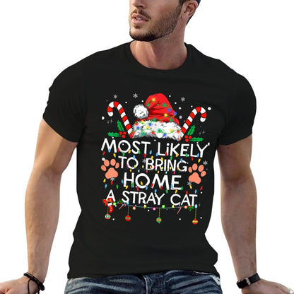 Most Likely To Bring Home A Stray Cat Matching Christmas PJ  Ribbed Collar T-Shirt