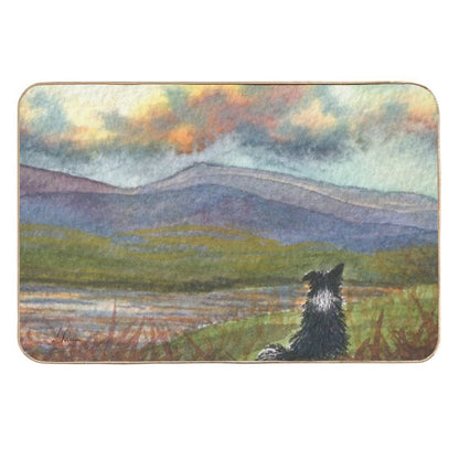 Border Collie Dog Meditates on The Hills And Mountains before Him  Slip-Resistant Bath Mat