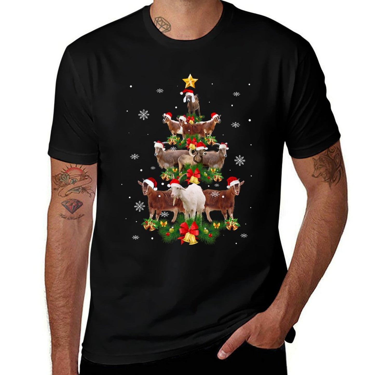 Goat Christmas Pajama Xmas Goats Tree Lights Santa Hat  Relaxed-fit T-Shirt