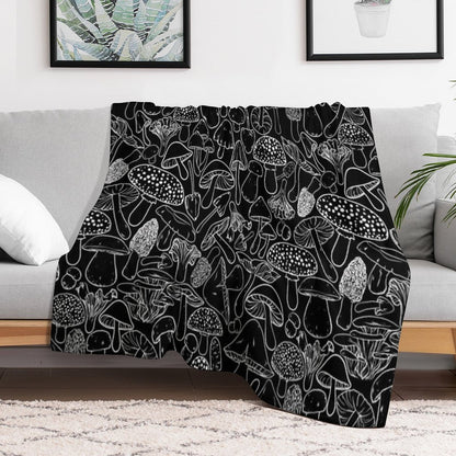 All The Mushrooms on Black Compact Throw Blanket