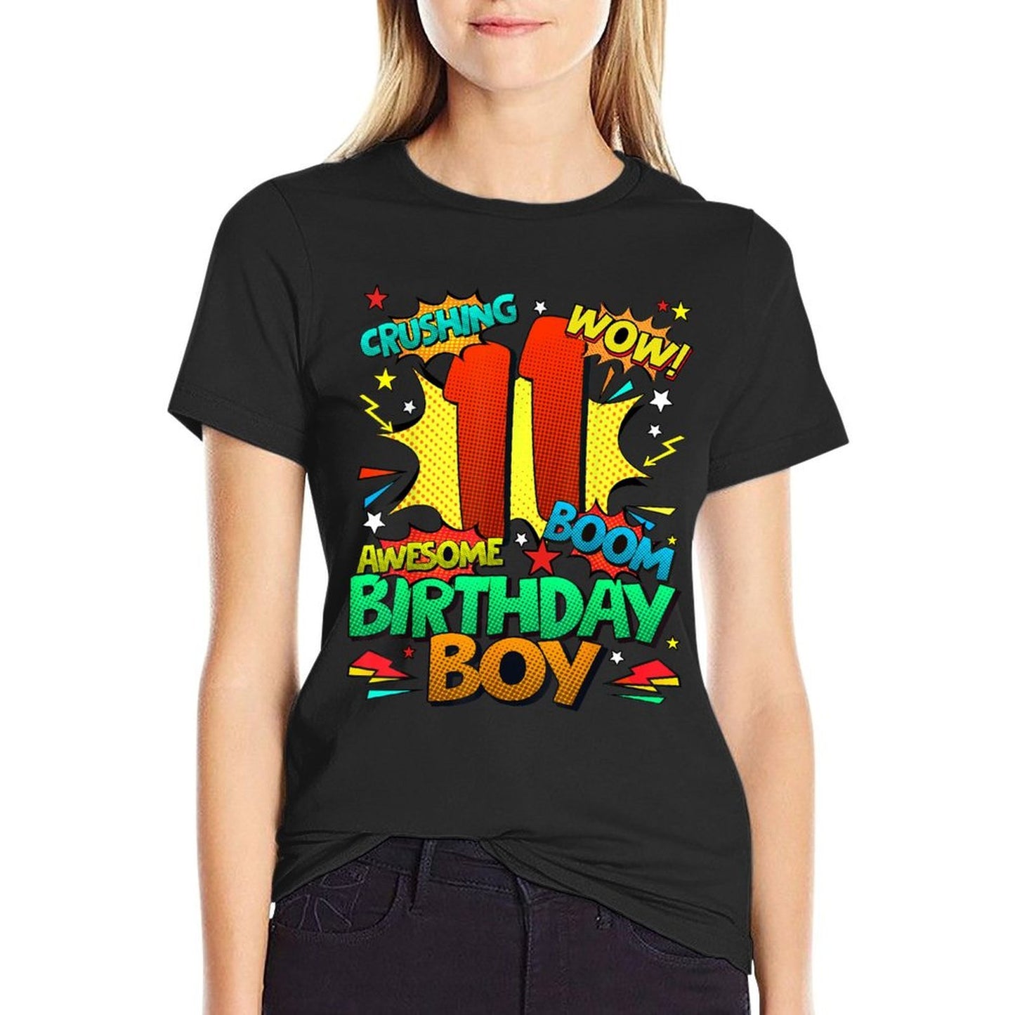 11th Birthday Kids Comic Style Kids Boys 11 Year Old Gifts  Ribbed Collar T-Shirt