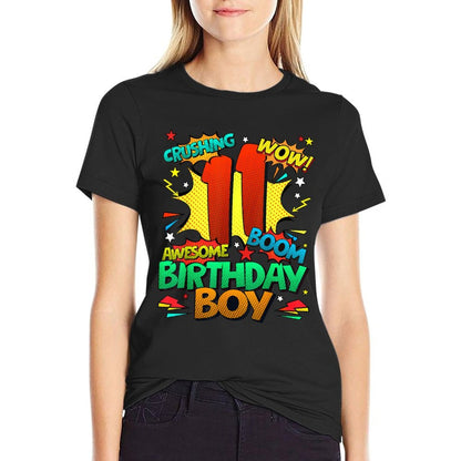 11th Birthday Kids Comic Style Kids Boys 11 Year Old Gifts  Ribbed Collar T-Shirt