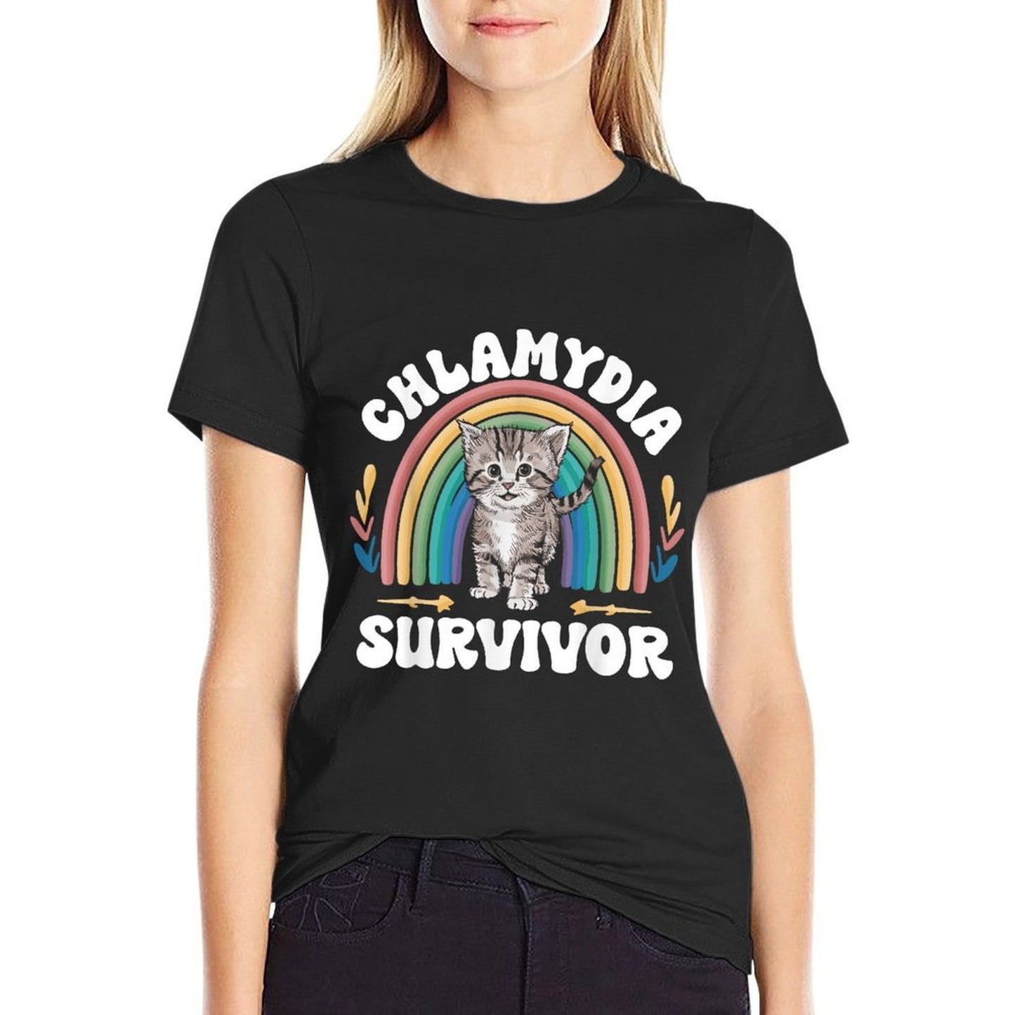 Cat Funny Embarrassing Meme Adult Humor Chlamydia Survivor, Small, Black  Rolled Sleeves T-Shirt