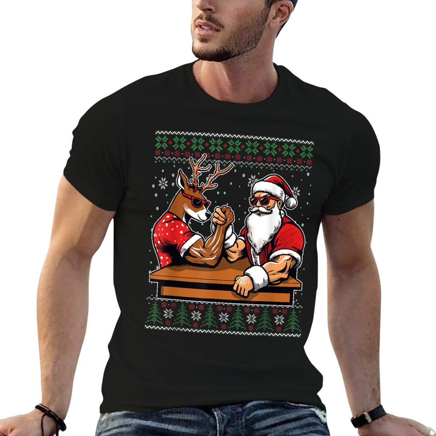 Christmas Santa Arm Wrestling Reindeer Ugly Christmas  Soft T-Shirt