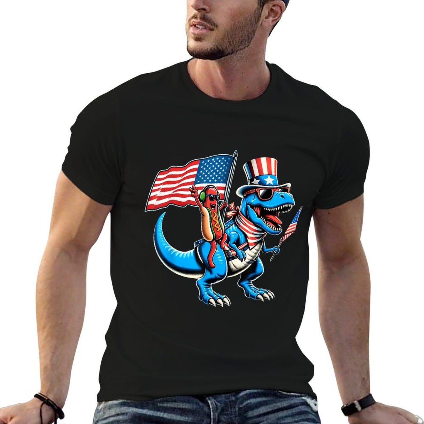 Hotdog TRex Dinosaur 4th of July Amerisaurus Toddler Boy Kid  Ribbed Collar T-Shirt