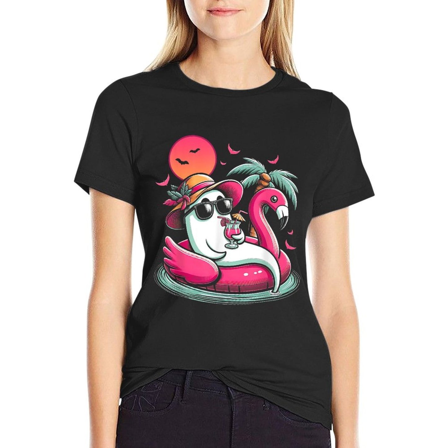 Ghost In Lifebuoy Flamingo On A Pool Float Summer Ween  Polyester Blend T-Shirt