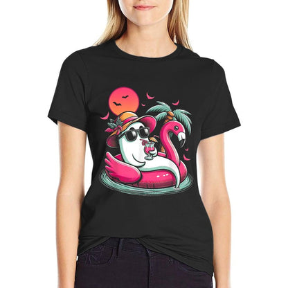 Ghost In Lifebuoy Flamingo On A Pool Float Summer Ween  Polyester Blend T-Shirt