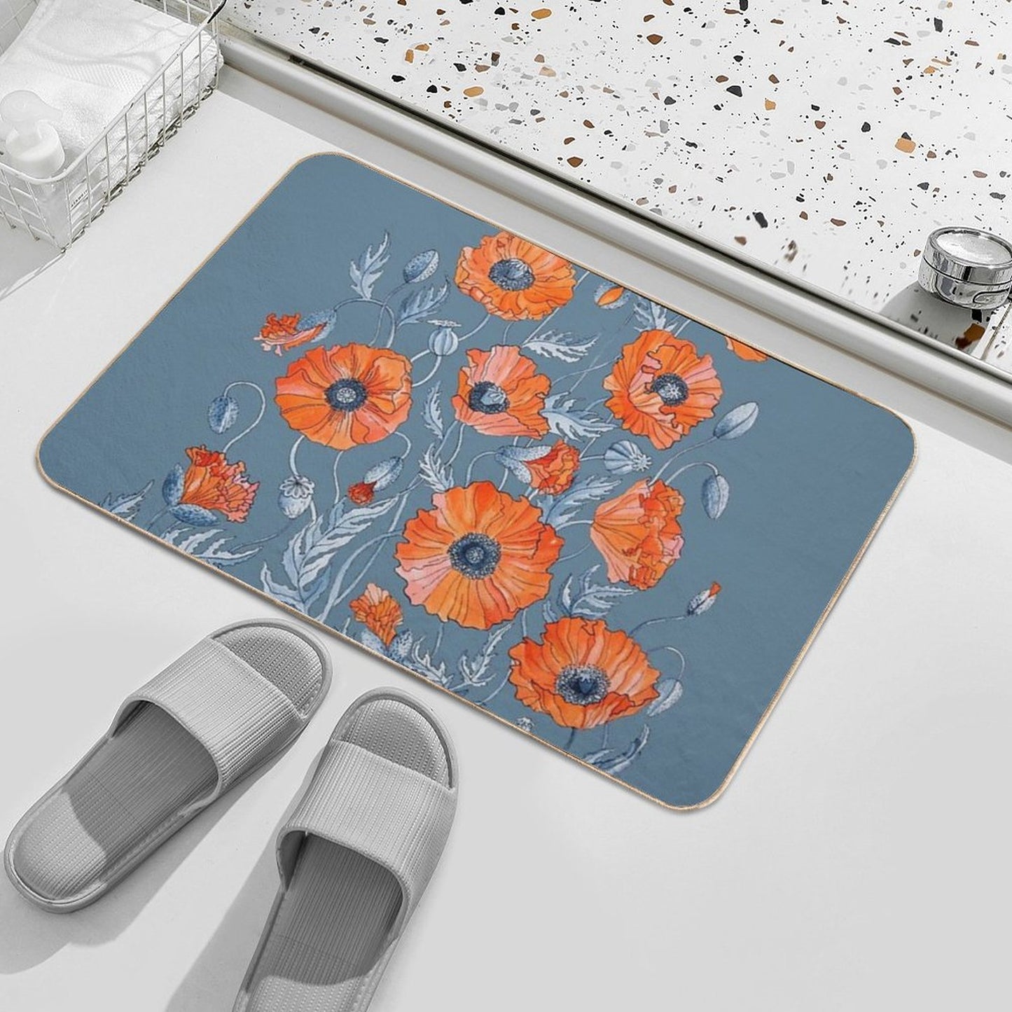 Poppies Floral Botanical Art  Absorbent Bath Mat