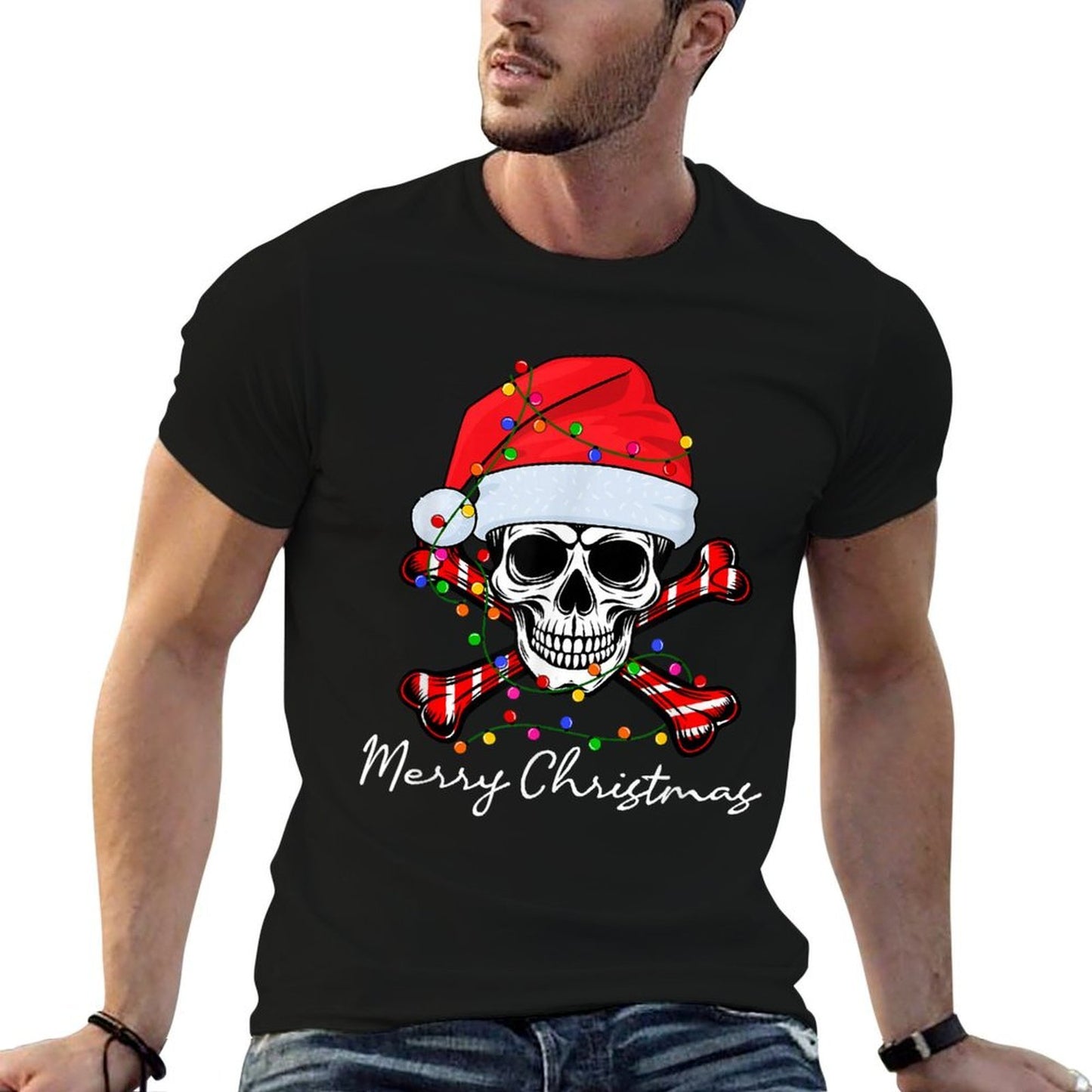 Funny Skull Skeleton Santa Hat Christmas Lights Men Women  Vintage-inspired T-Shirt