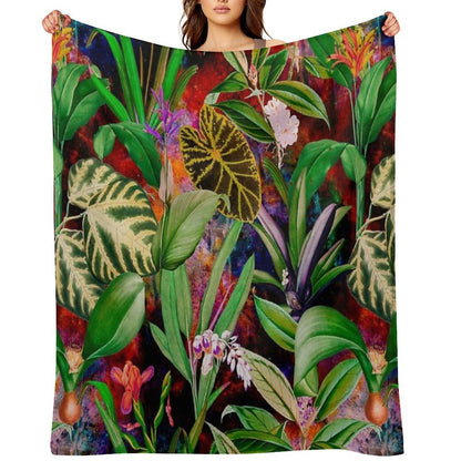 Exotic Tropical Foliage, Leaves And Flowers Tropical Pattern, Botanical Illustration, Red Blue Floral Illustration Versatility Throw Blanket