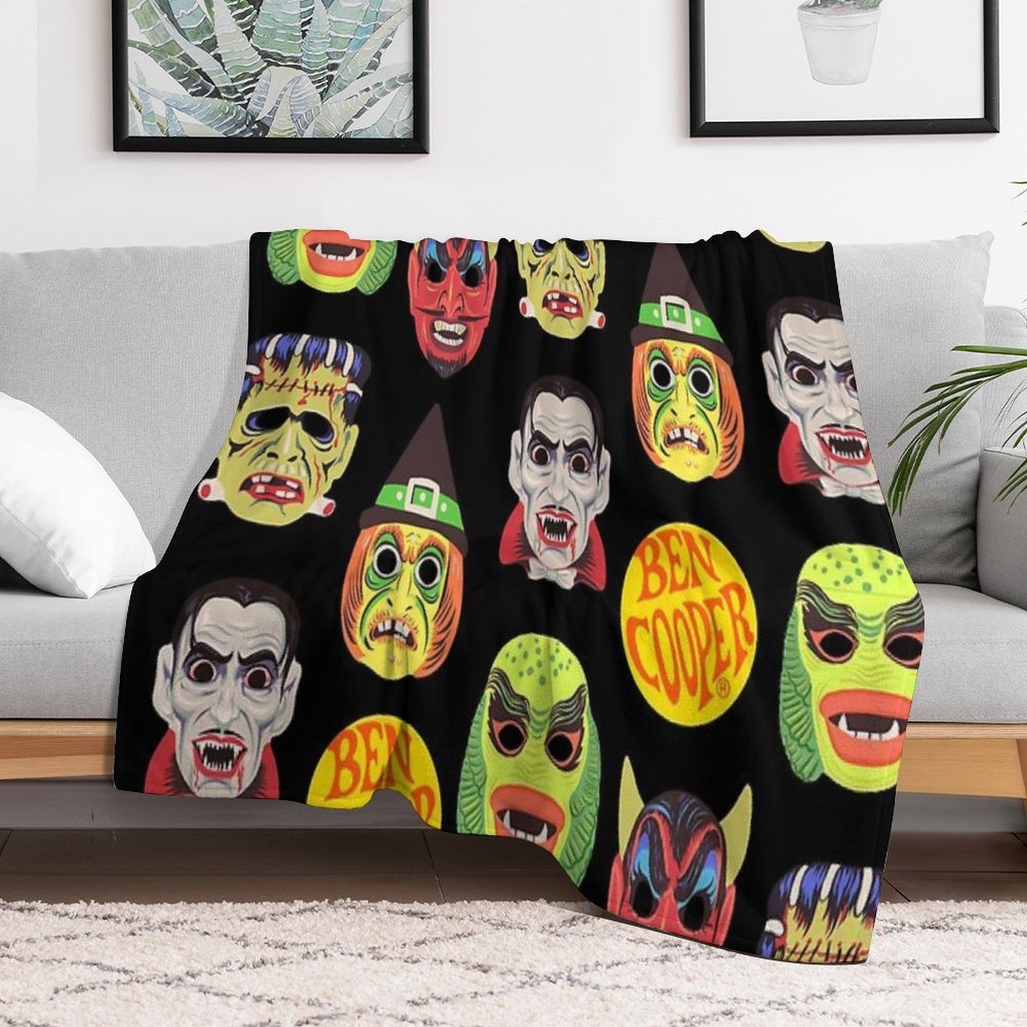 Vintage Halloween Masks Eco-conscious Throw Blanket