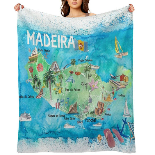 Madeira Portugal Island Illustrated Map with Landmarks And Highlights Anti-pilling Throw Blanket