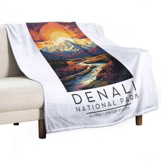 A Vintage Illustration of Denali National Park - Alaska - United States Plush Throw Blanket